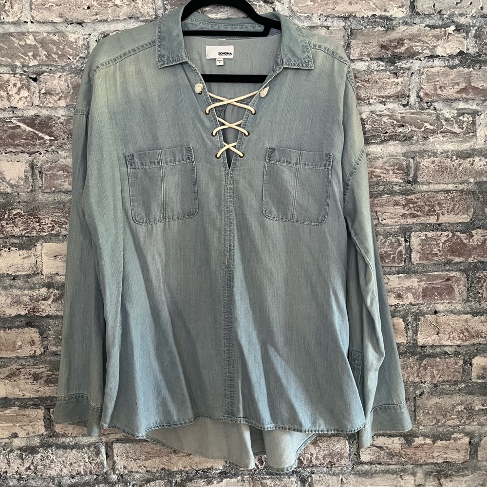 Sonoma Denim Lace-Up Top in Light Blue so soft cotton & lyocel smoke & pet free